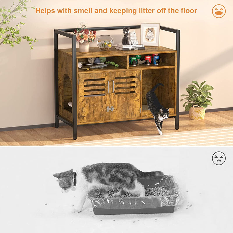 Cat Litter Box Enclosure, Hidden Litter Box Furniture, Cat Washroom Cabinet with with Storage Shelf, Decorative Pet House with Lockable Louvered Door and Cat Scratch Pad, Rustic Brown