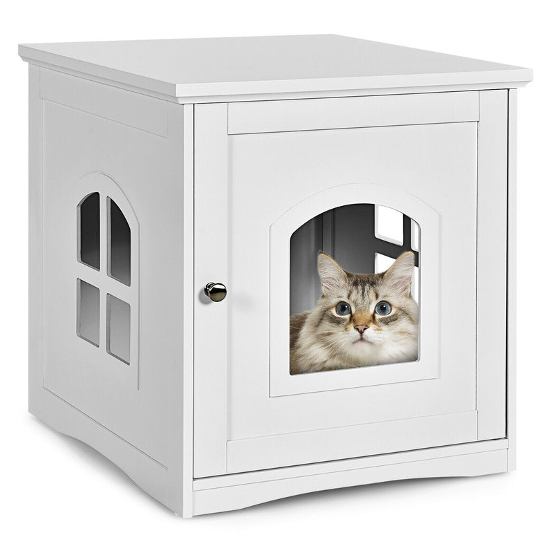 Cat House Side Table Nightstand Pet Home Litter Box Enclosure White