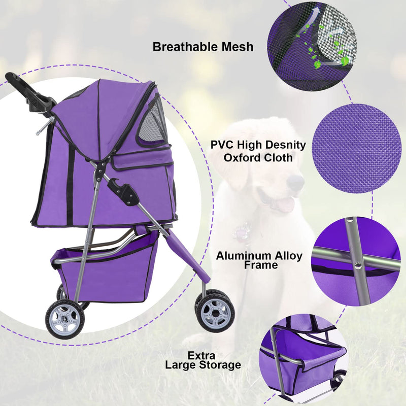 3 Wheels Pet Stroller Dog Cat Stroller for Medium Small Dogs Cats Travel Folding Carrier Waterproof Puppy Stroller with Cup Holder,Purple