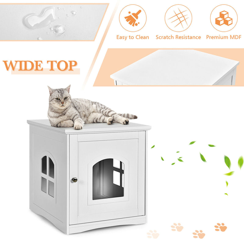 Cat House Side Table Nightstand Pet Home Litter Box Enclosure White