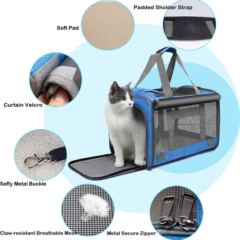 Pet Carrier Cat Carriers for Large Cats up to 20LB Cat Carrier with a Bowl, Soft Sided Carrier for Cat Dog, Blue