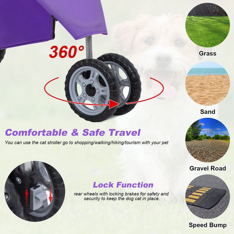 3 Wheels Pet Stroller Dog Cat Stroller for Medium Small Dogs Cats Travel Folding Carrier Waterproof Puppy Stroller with Cup Holder,Purple