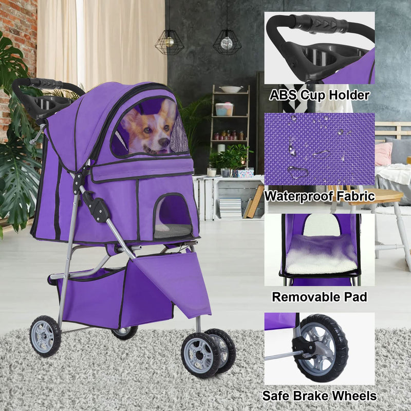 3 Wheels Pet Stroller Dog Cat Stroller for Medium Small Dogs Cats Travel Folding Carrier Waterproof Puppy Stroller with Cup Holder,Purple