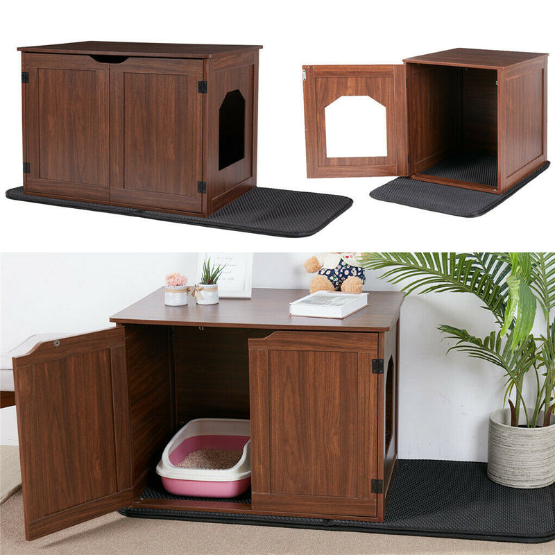 Cat Litter Cabinet Wooden House Kitty Furniture Box W Cat Litter Anti-Spread Mat