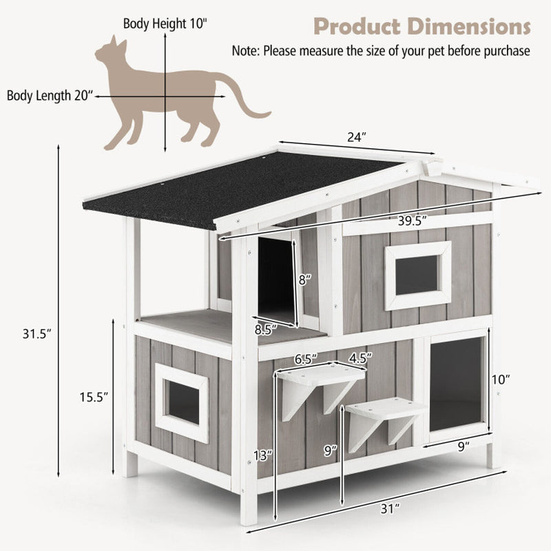 Outdoor 2-Story Wooden Feral Cat House with Escape Door