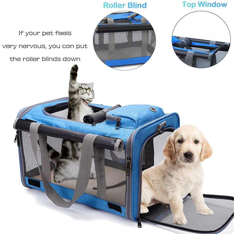 Pet Carrier Cat Carriers for Large Cats up to 20LB Cat Carrier with a Bowl, Soft Sided Carrier for Cat Dog, Blue