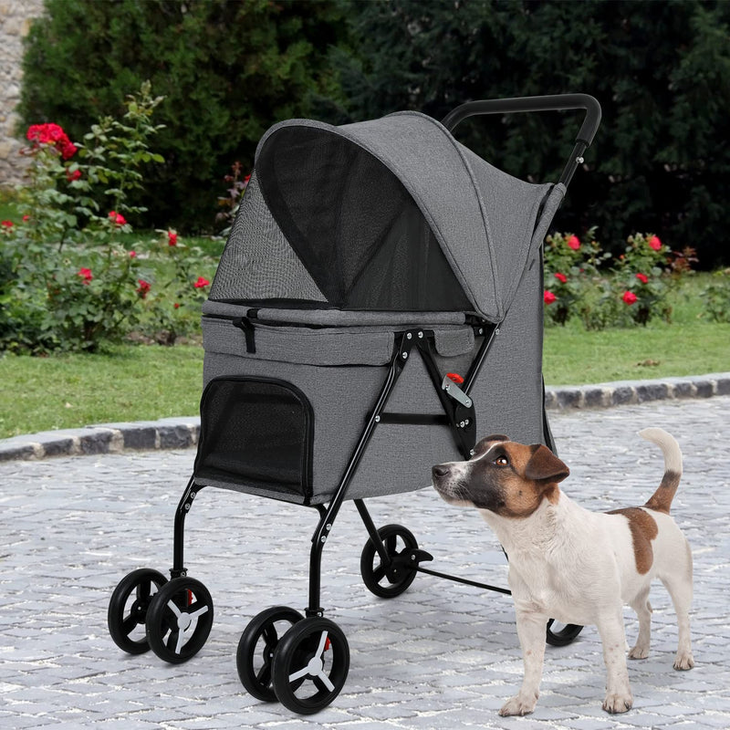 Pet Stroller Folding Dog Stroller 4 Wheels Cat Stroller with Large Door Curtain Ventilate Mesh Foldable Puppy Stroller for Travelling Shopping Walking Playing for Small Medium Dogs Cats, Grey