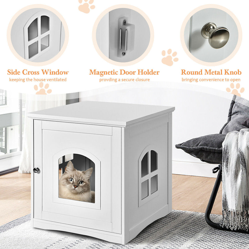 Cat House Side Table Nightstand Pet Home Litter Box Enclosure White