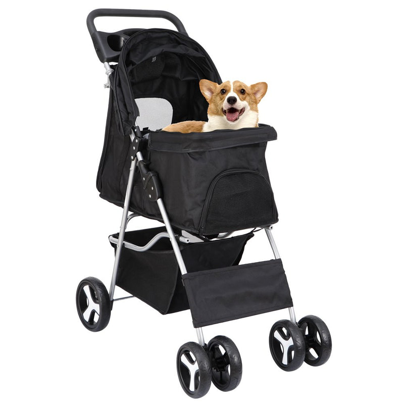 4 Wheel Pet Dog Stroller Foldable Carrier Strolling Cart for Small Medium Dog, Cat W/ Storage Basket & Cup Holder