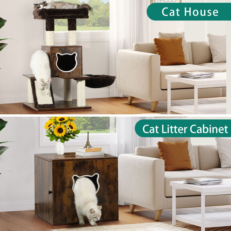 4 Layers Cat Litter Box Enclosure Cabinet Cat Tree Tower Pet House Furniture