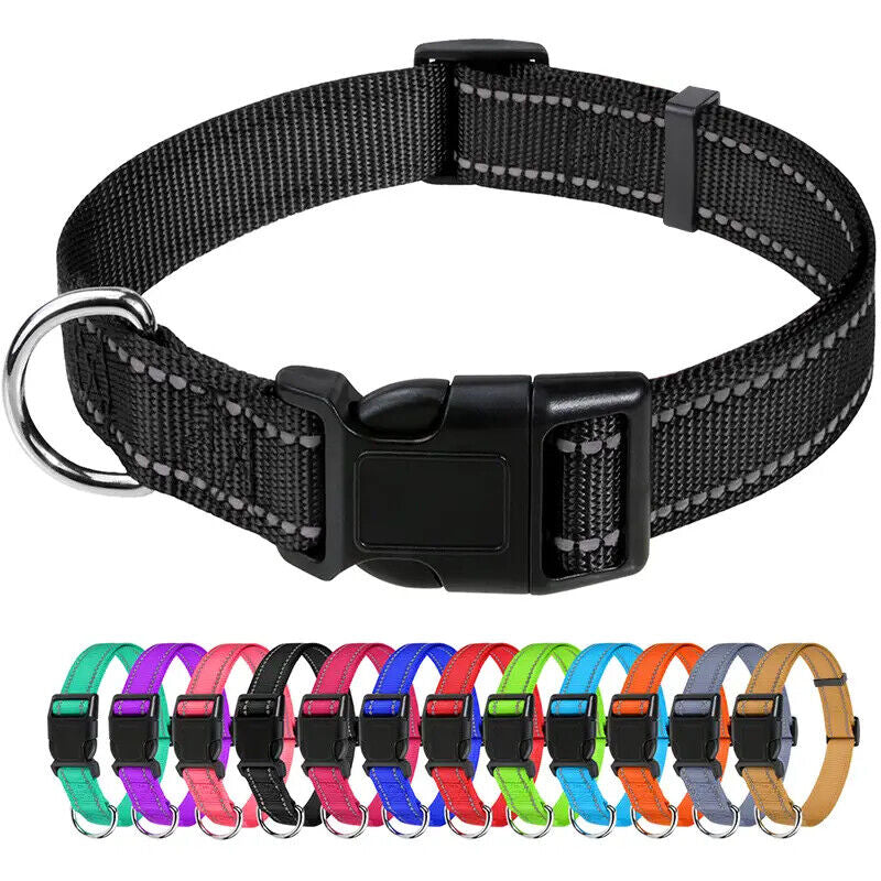 Reflective Neoprene Adjustable Padded Nylon Dog Collar in 12 Colors & 5 Sizes