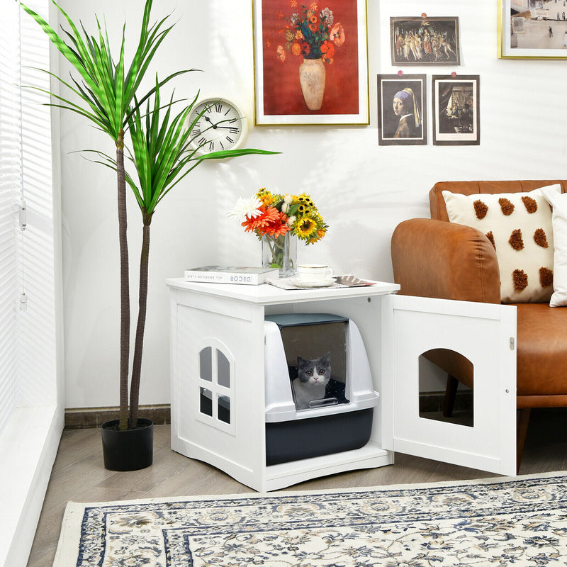 Cat House Side Table Nightstand Pet Home Litter Box Enclosure White