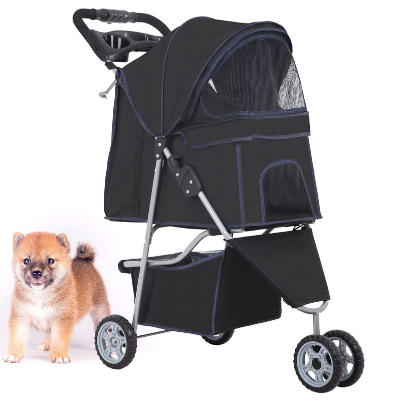 3 Wheels Pet Stroller Dog Cat Stroller for Medium Small Dogs Cats Travel Folding Carrier Waterproof Puppy Stroller with Cup Holder,Purple