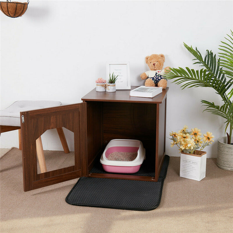 Cat Litter Cabinet Wooden House Kitty Furniture Box W Cat Litter Anti-Spread Mat