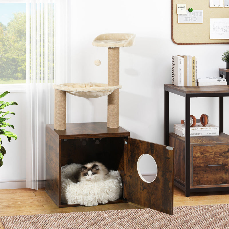 Cat Litter Box Enclosure Cabinet with Cat Tree Tower Pet House Furniture.