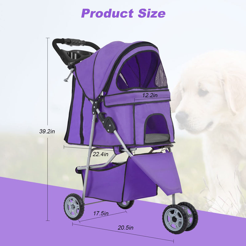 3 Wheels Pet Stroller Dog Cat Stroller for Medium Small Dogs Cats Travel Folding Carrier Waterproof Puppy Stroller with Cup Holder,Purple