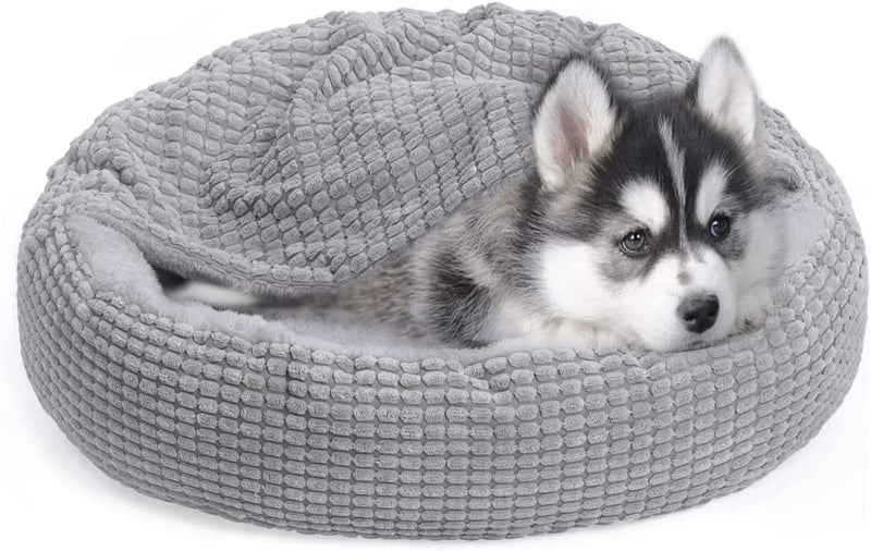 Small Dog and Cat Bed with Hooded Blanket, Donut round Calming Anti-Anxiety Pet