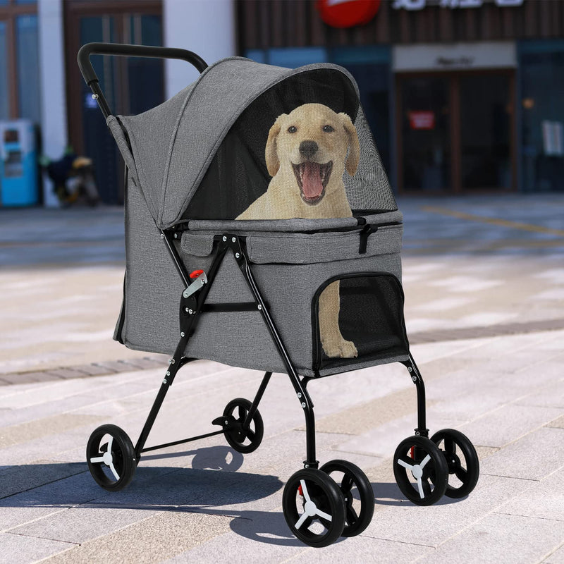 Pet Stroller Folding Dog Stroller 4 Wheels Cat Stroller with Large Door Curtain Ventilate Mesh Foldable Puppy Stroller for Travelling Shopping Walking Playing for Small Medium Dogs Cats, Grey
