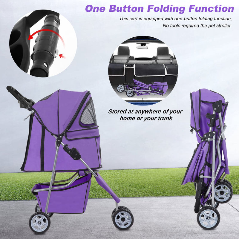 3 Wheels Pet Stroller Dog Cat Stroller for Medium Small Dogs Cats Travel Folding Carrier Waterproof Puppy Stroller with Cup Holder,Purple