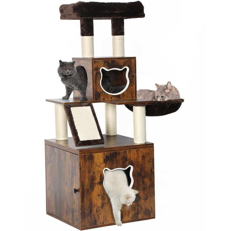 4 Layers Cat Litter Box Enclosure Cabinet Cat Tree Tower Pet House Furniture