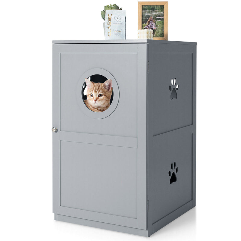 2-Tier Litter Box Enclosure Furniture Hidden Cat House W/ Anti-Toppling Device