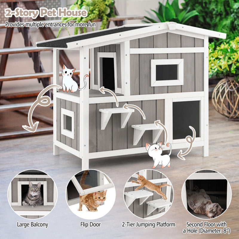 Outdoor 2-Story Wooden Feral Cat House with Escape Door