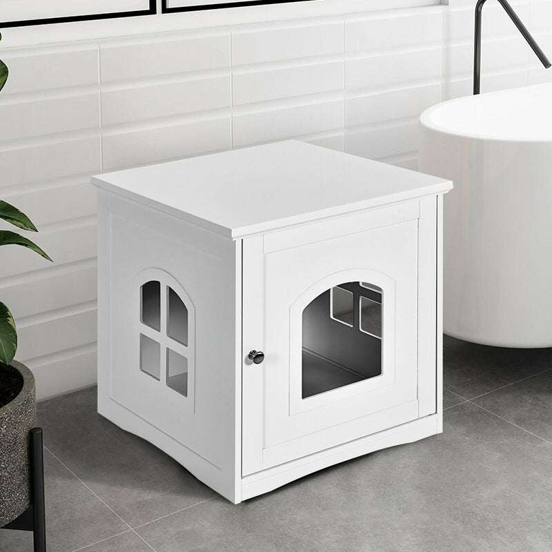 Cat House Side Table Nightstand Pet Home Litter Box Enclosure White