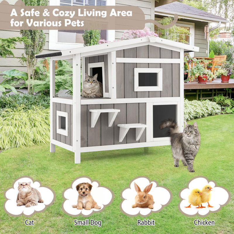 Outdoor 2-Story Wooden Feral Cat House with Escape Door