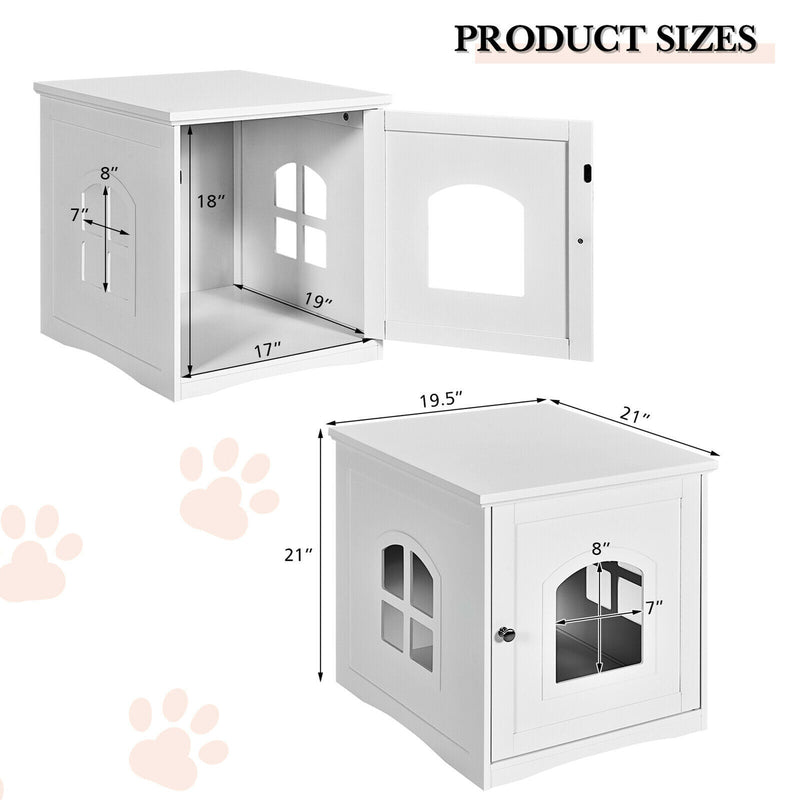 Cat House Side Table Nightstand Pet Home Litter Box Enclosure White