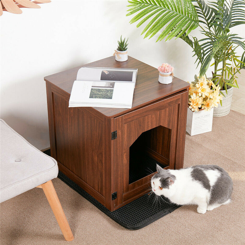 Cat Litter Cabinet Wooden House Kitty Furniture Box W Cat Litter Anti-Spread Mat