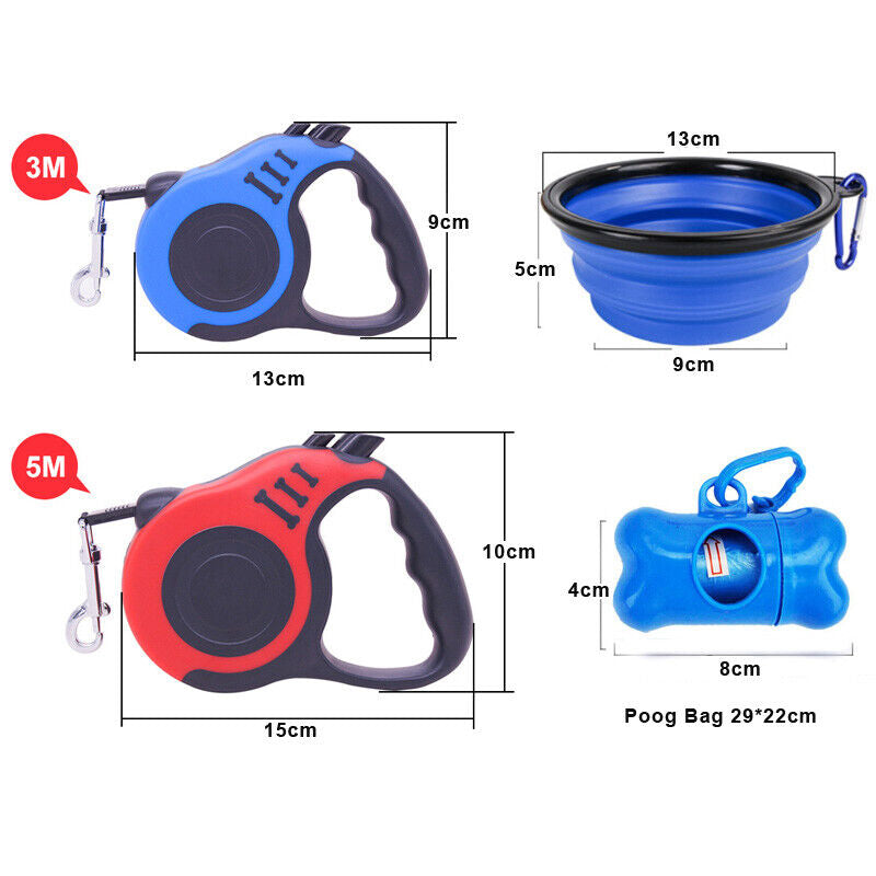 Retractable Dog Leash with Dog Poop Waste Bag Dispenser Dog Bowl Walking Limit