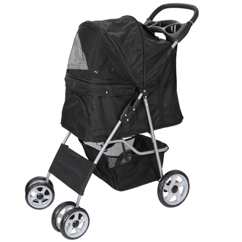 4 Wheel Pet Dog Stroller Foldable Carrier Strolling Cart for Small Medium Dog, Cat W/ Storage Basket & Cup Holder