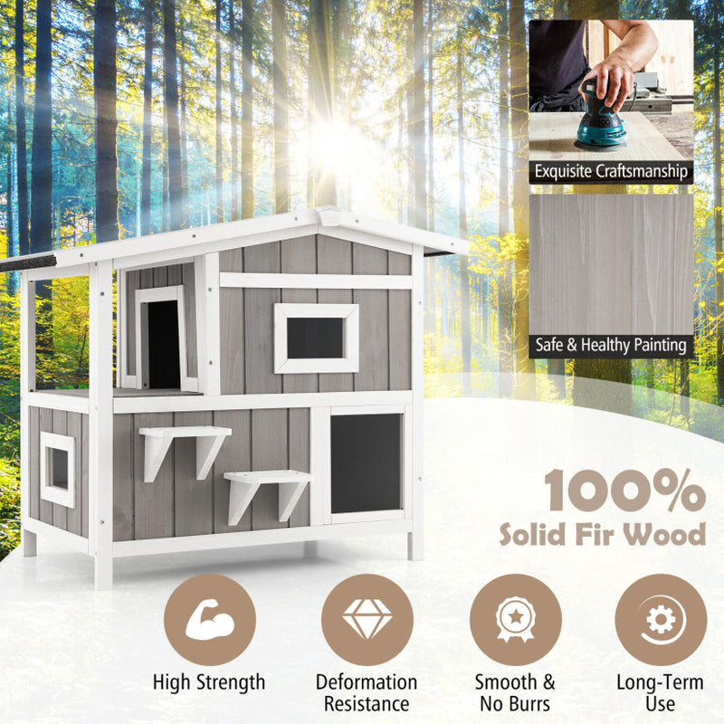 Outdoor 2-Story Wooden Feral Cat House with Escape Door