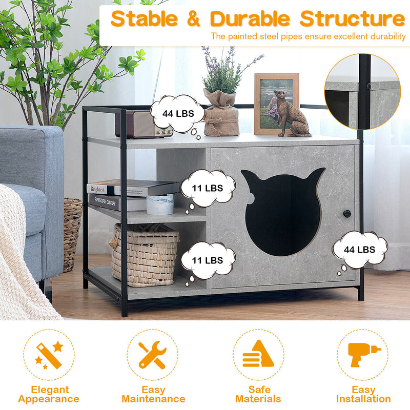 Cat Litter Box Enclosure Litter Furniture Cabinet W/Storage Shelf Pet House Grey