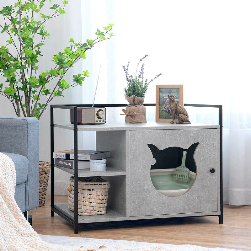 Cat Litter Box Enclosure Litter Furniture Cabinet W/Storage Shelf Pet House Grey