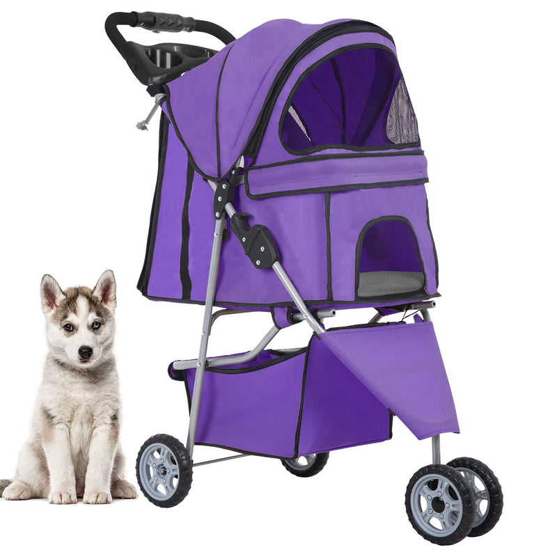 3 Wheels Pet Stroller Dog Cat Stroller for Medium Small Dogs Cats Travel Folding Carrier Waterproof Puppy Stroller with Cup Holder,Purple