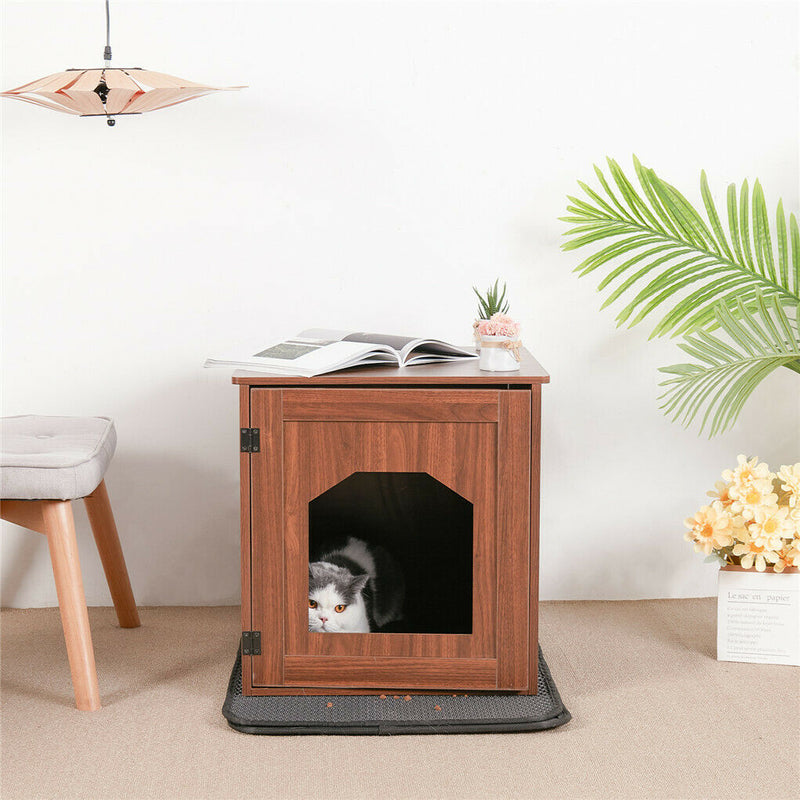 Cat Litter Cabinet Wooden House Kitty Furniture Box W Cat Litter Anti-Spread Mat