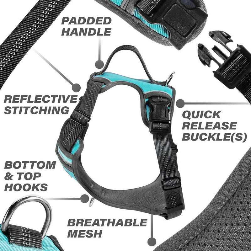 - the Comfort Dog Harness with Mesh Padded Vest for Small - Large Breeds | Adjustable | Reflective | 2 Leash Attachments on Chest & Back - Neoprene Padded Training Handle (Medium, Aqua/Gr)