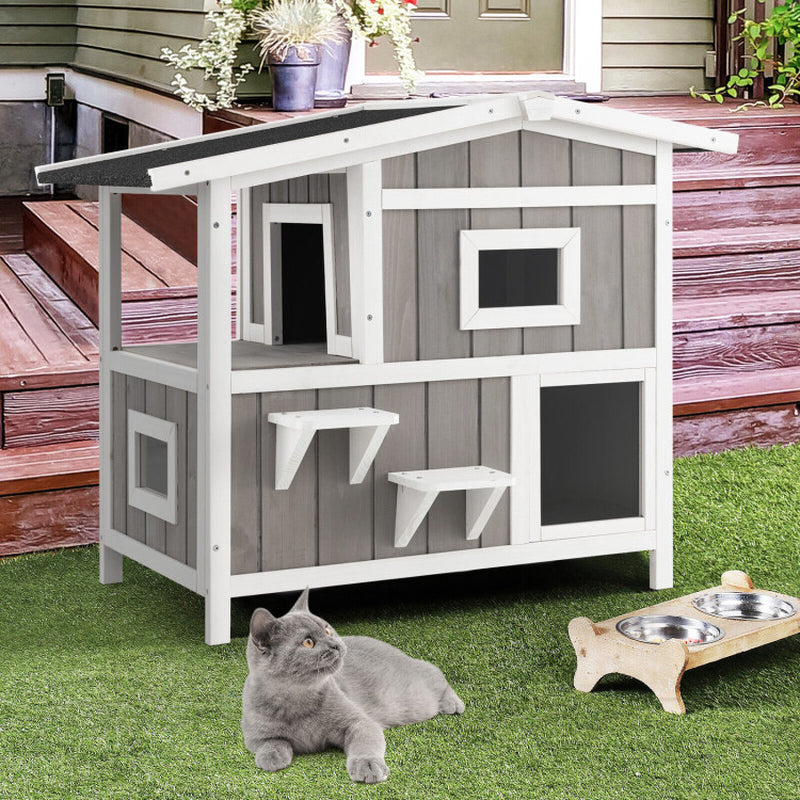 Outdoor 2-Story Wooden Feral Cat House with Escape Door