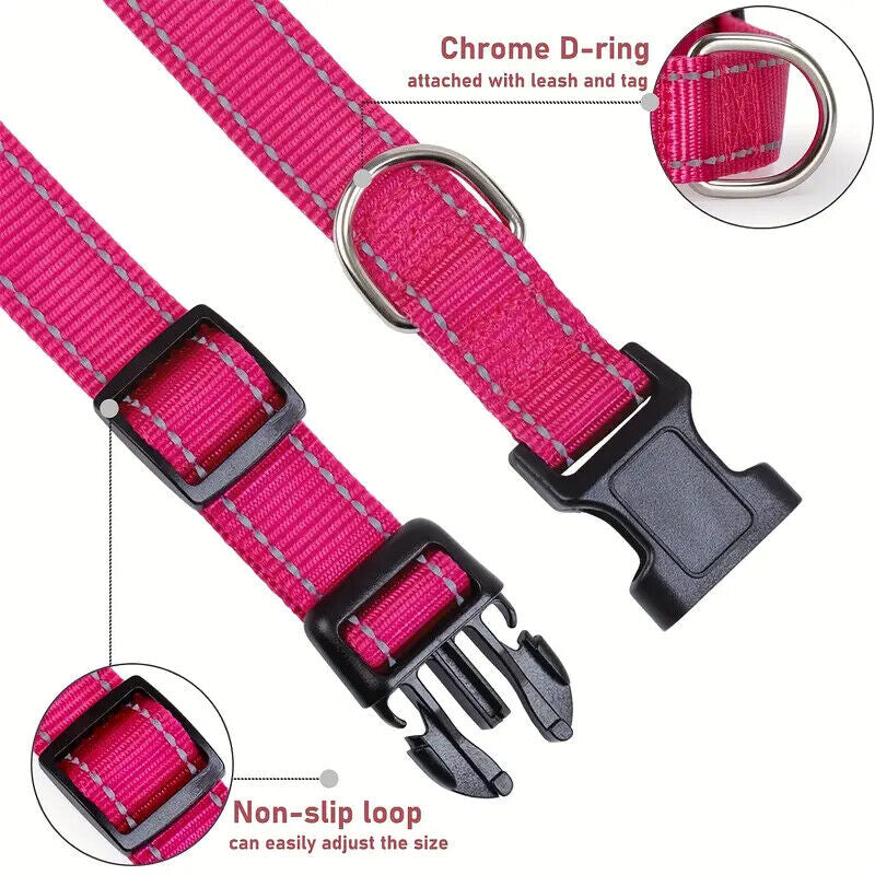 Reflective Neoprene Adjustable Padded Nylon Dog Collar in 12 Colors & 5 Sizes