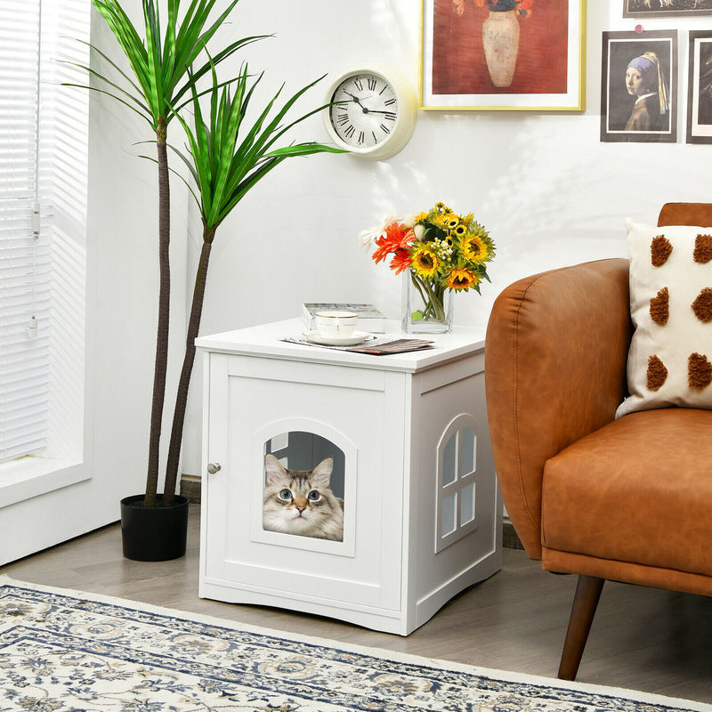 Cat House Side Table Nightstand Pet Home Litter Box Enclosure White