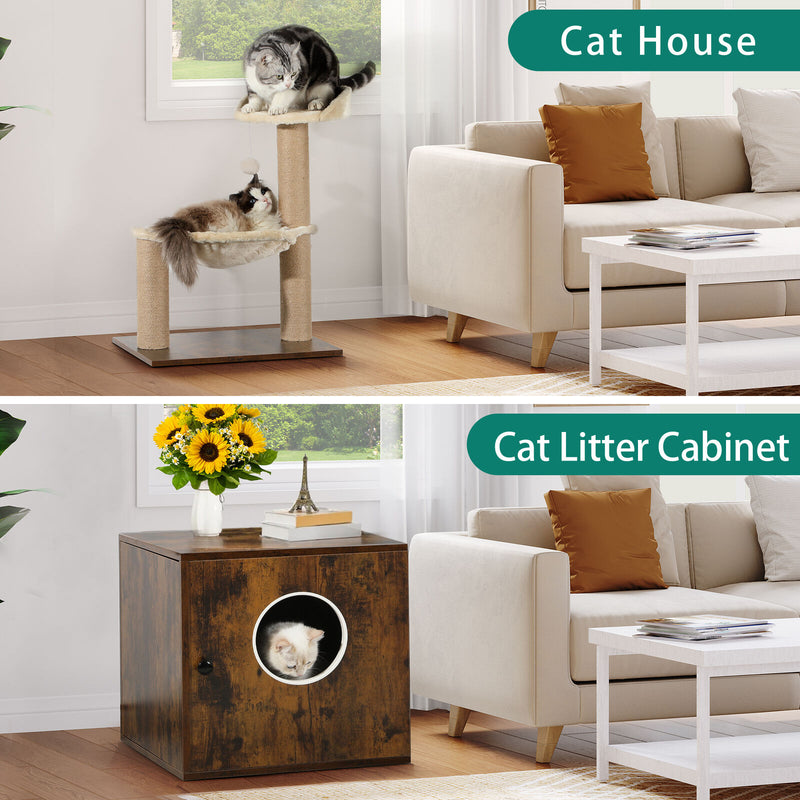 Cat Litter Box Enclosure Cabinet with Cat Tree Tower Pet House Furniture.