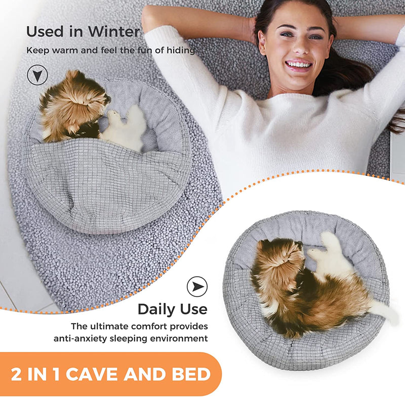 Small Dog and Cat Bed with Hooded Blanket, Donut round Calming Anti-Anxiety Pet