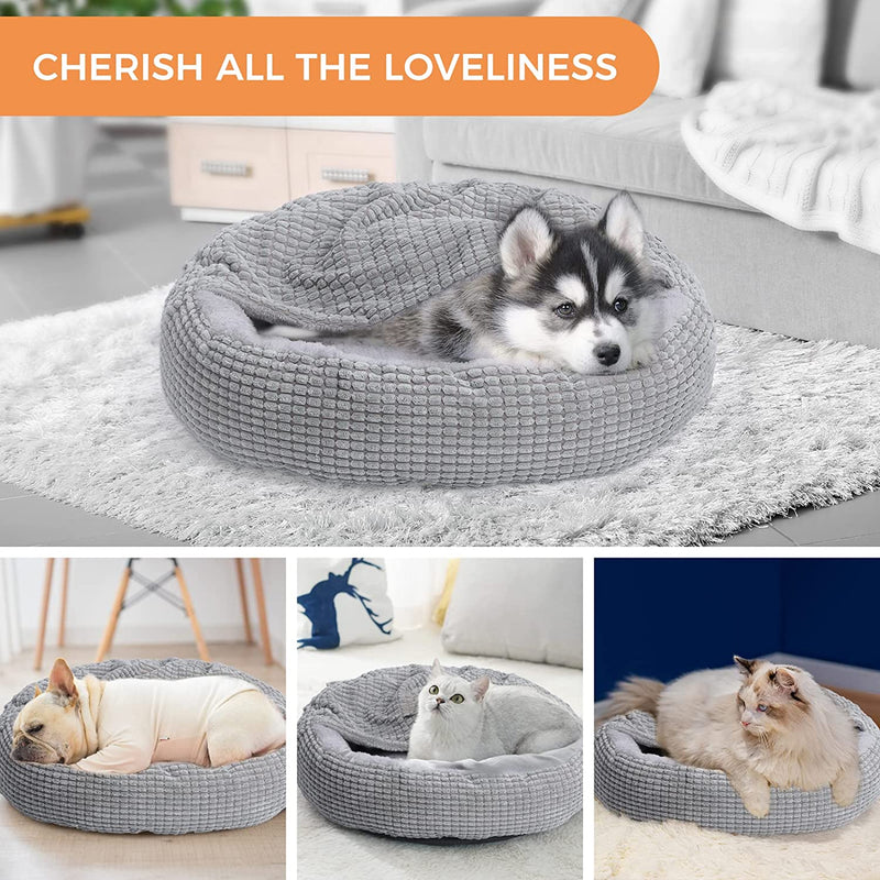 Small Dog and Cat Bed with Hooded Blanket, Donut round Calming Anti-Anxiety Pet