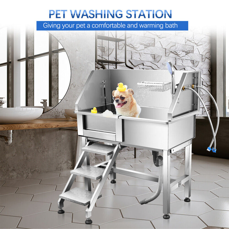 34" Pet Dog Cat Grooming Bath Tub Wash Station Stainless Steel Dog Grooming Bath