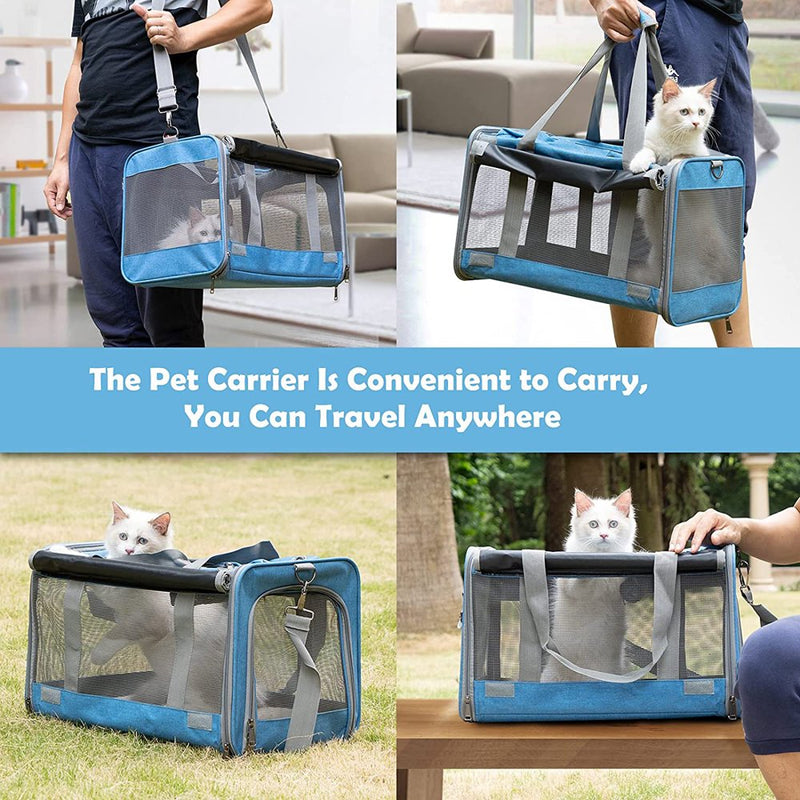 Pet Carrier Cat Carriers for Large Cats up to 20LB Cat Carrier with a Bowl, Soft Sided Carrier for Cat Dog, Blue