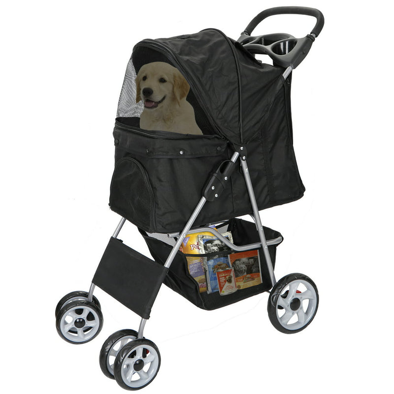 4 Wheel Pet Dog Stroller Foldable Carrier Strolling Cart for Small Medium Dog, Cat W/ Storage Basket & Cup Holder